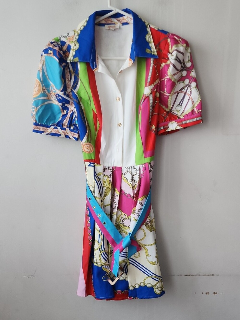 Colorblock Chain-Print Midi Dress with Belt. New Without Tag - Picture 3 of 12